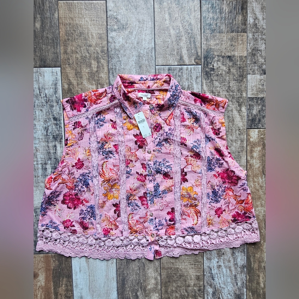 Pilcro Pink Floral Lace-Trim Sleeveless Blouse